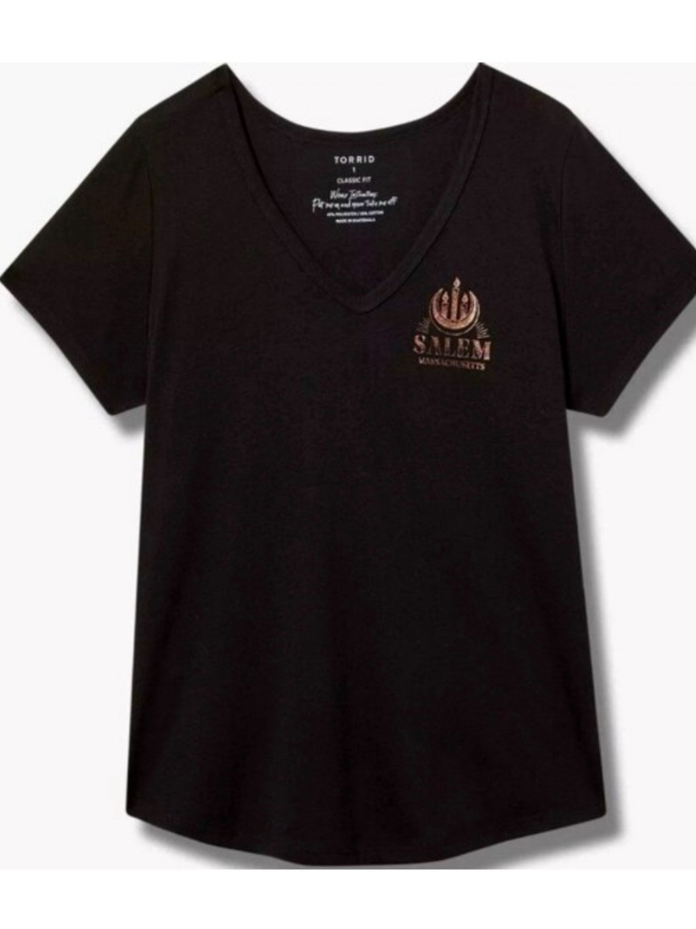torrid Black V-Neck Salem Graphic Tee with Bronze Logo